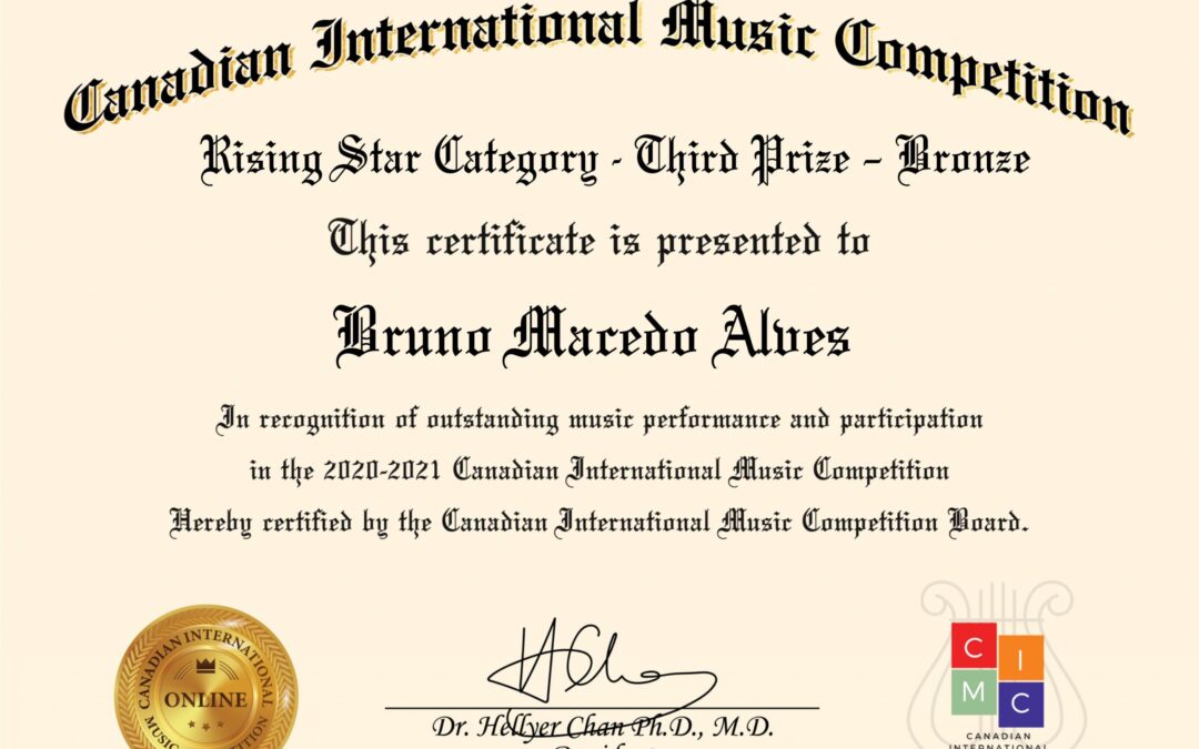 Aluno Bruno Macedo premiado no Canadian International Music Competition